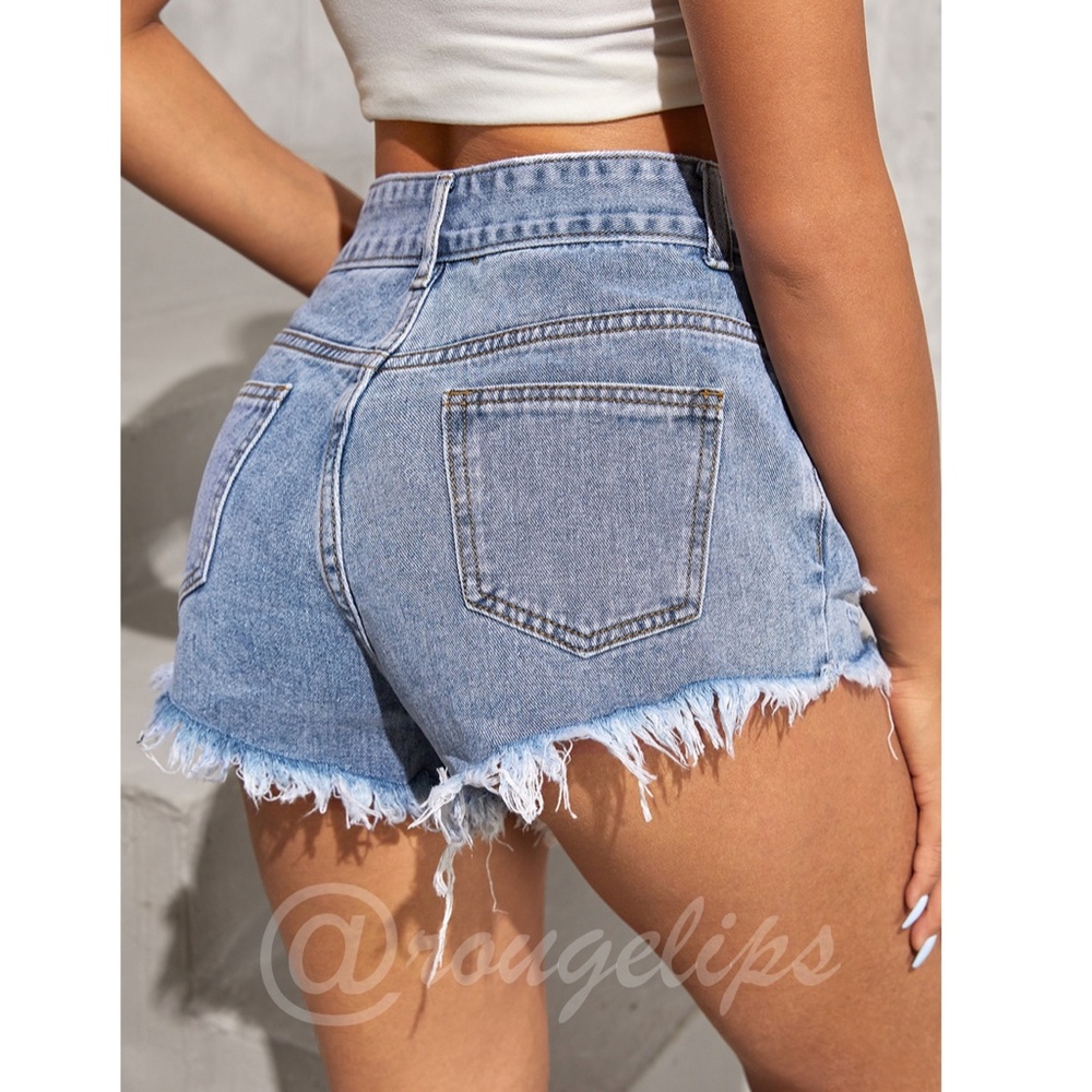 Light Wash Blue Denim Shorts Distressed Ripped High Waist Raw Hem - Picture 4 of 15